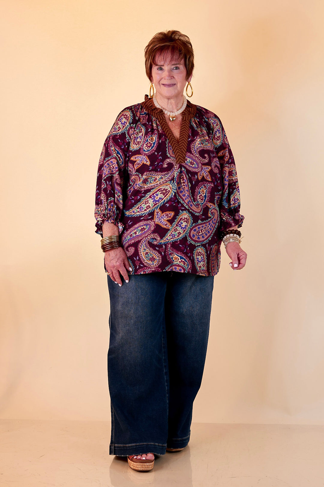 Caught My Eye Ruffle Contrast Stripe Detail Neck Balloon Sleeve Paisley Print Blouse in Plum Purple Mix