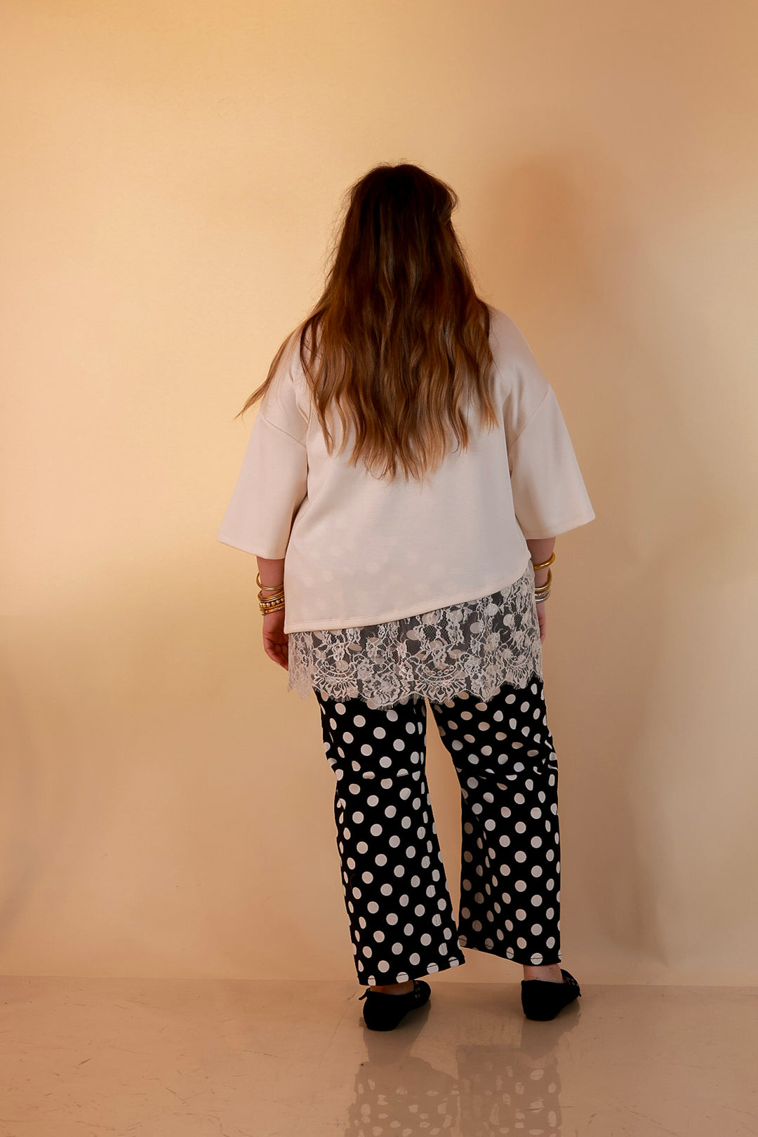 Just My Type Polka Dot Wide Leg Barrel Jeans with Drawstring Waist and Pockets in Black and White