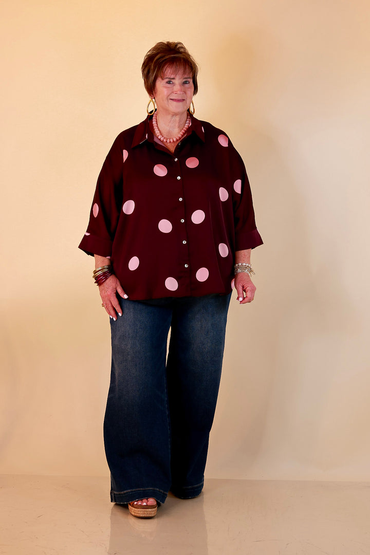 Two of a Kind Oversized Long Sleeve Button Down Blush Pink Polka Dot Blouse in Maroon