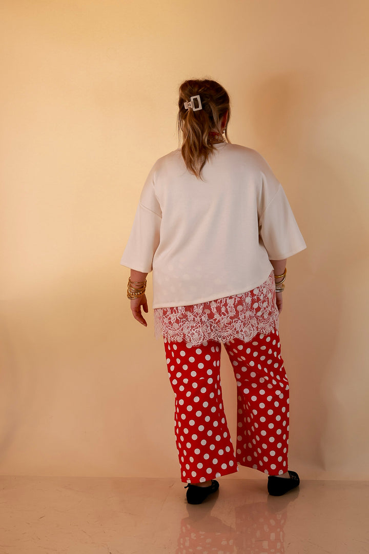Just My Type Polka Dot Wide Leg Barrel Jeans with Drawstring Waist and Pockets in Red and White
