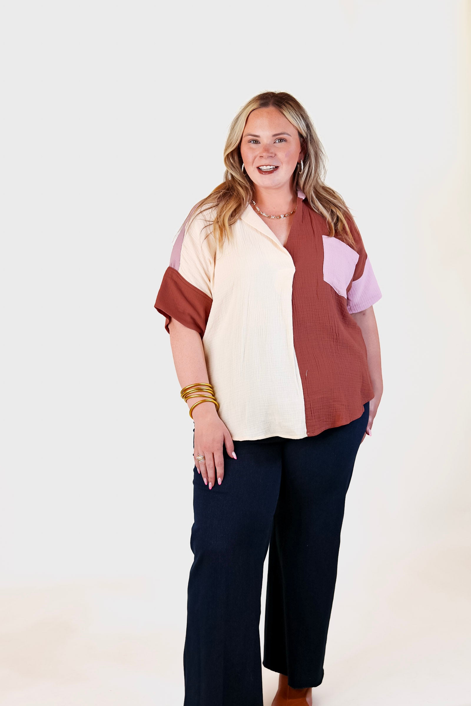 Burst of Joy Collared Color Block Top in Clay Mix - Giddy Up Glamour Boutique