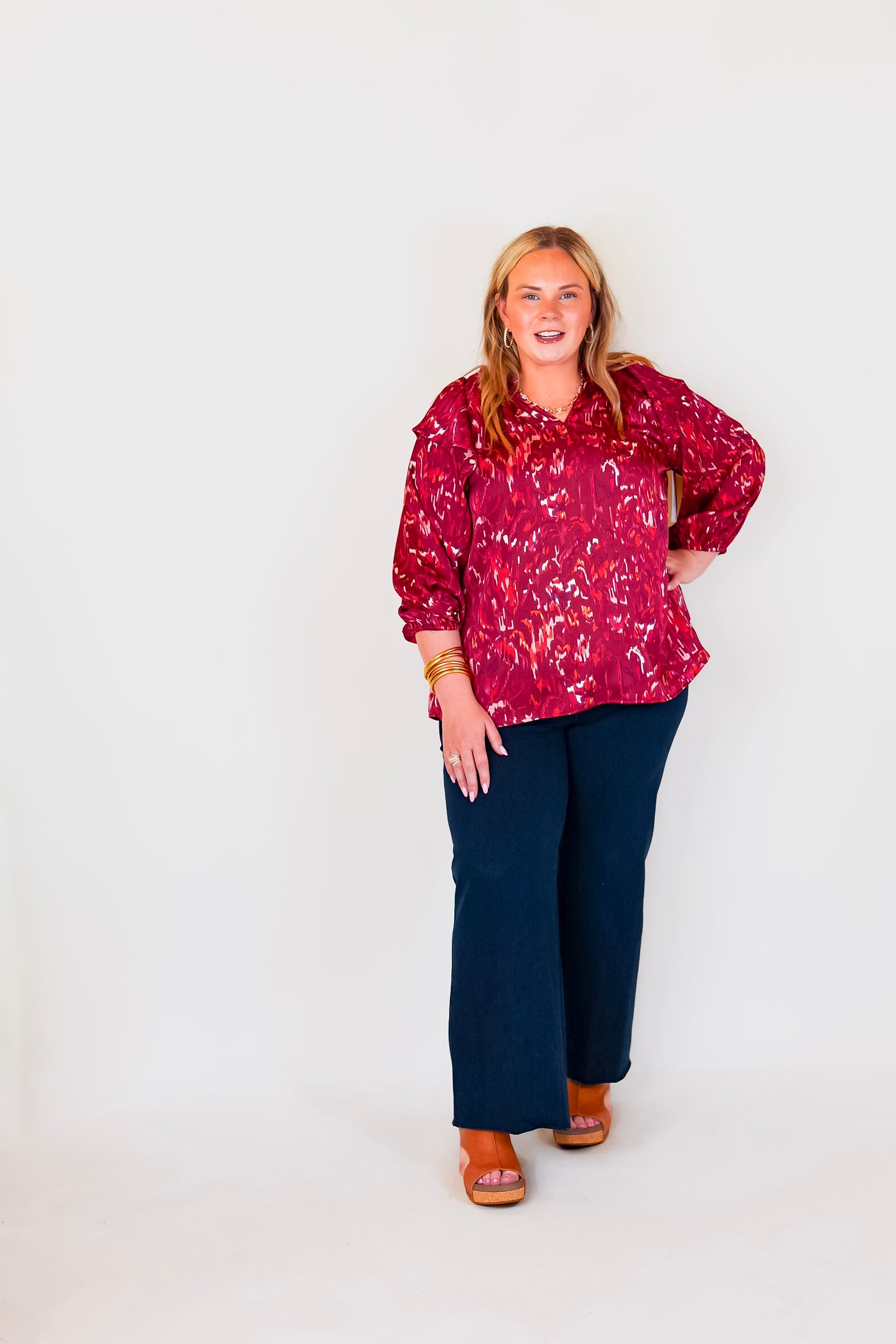 Sweet Charisma Abstract Print Blouse with Notched Neckline in Maroon - Giddy Up Glamour Boutique