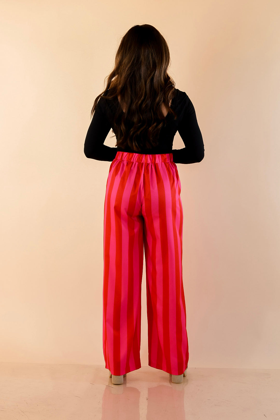 Electric Energy Elastic Waist Wide Leg Stripe Pants with Pockets in Pink and Red