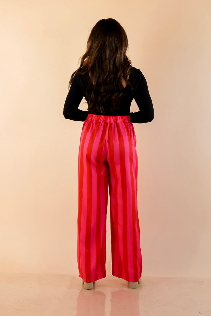 Electric Energy Elastic Waist Wide Leg Stripe Pants with Pockets in Pink and Red