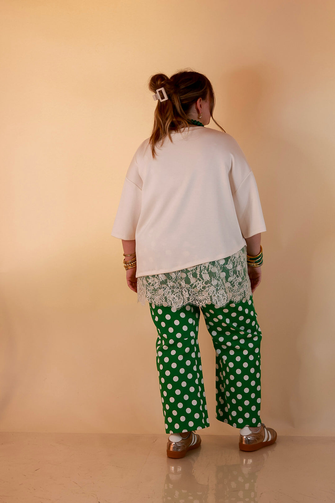 Just My Type Polka Dot Wide Leg Barrel Jeans with Drawstring Waist and Pockets in Green and White