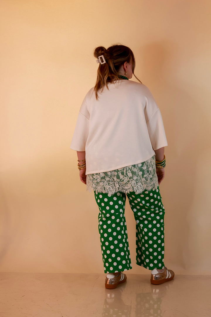 Just My Type Polka Dot Wide Leg Barrel Jeans with Drawstring Waist and Pockets in Green and White