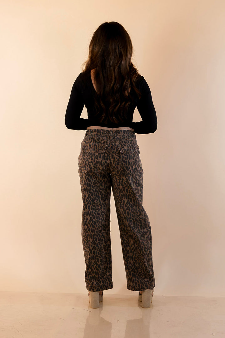 Risen | Wild Card Leopard Print Denim Barrel Jeans in Brown