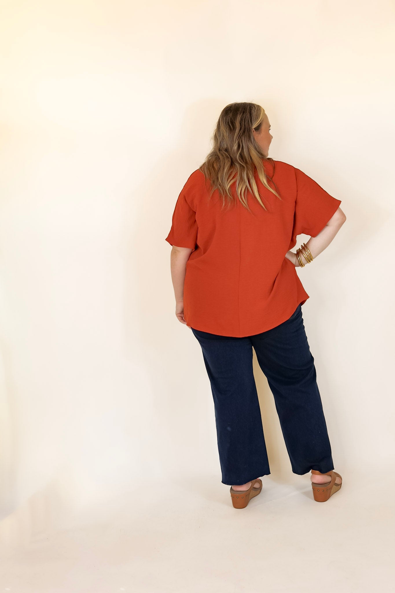 Lovely Dear V Neck Short Sleeve Solid Top in Rust Orange - Giddy Up Glamour Boutique