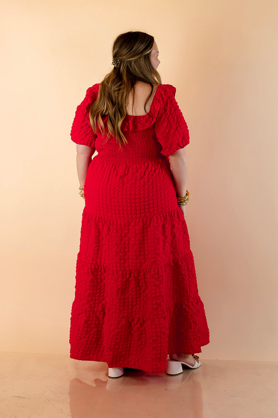 Simply Southern | Radiant Moment Textured Smocked Bodice Tiered Maxi Dress with Puff Sleeves in Red