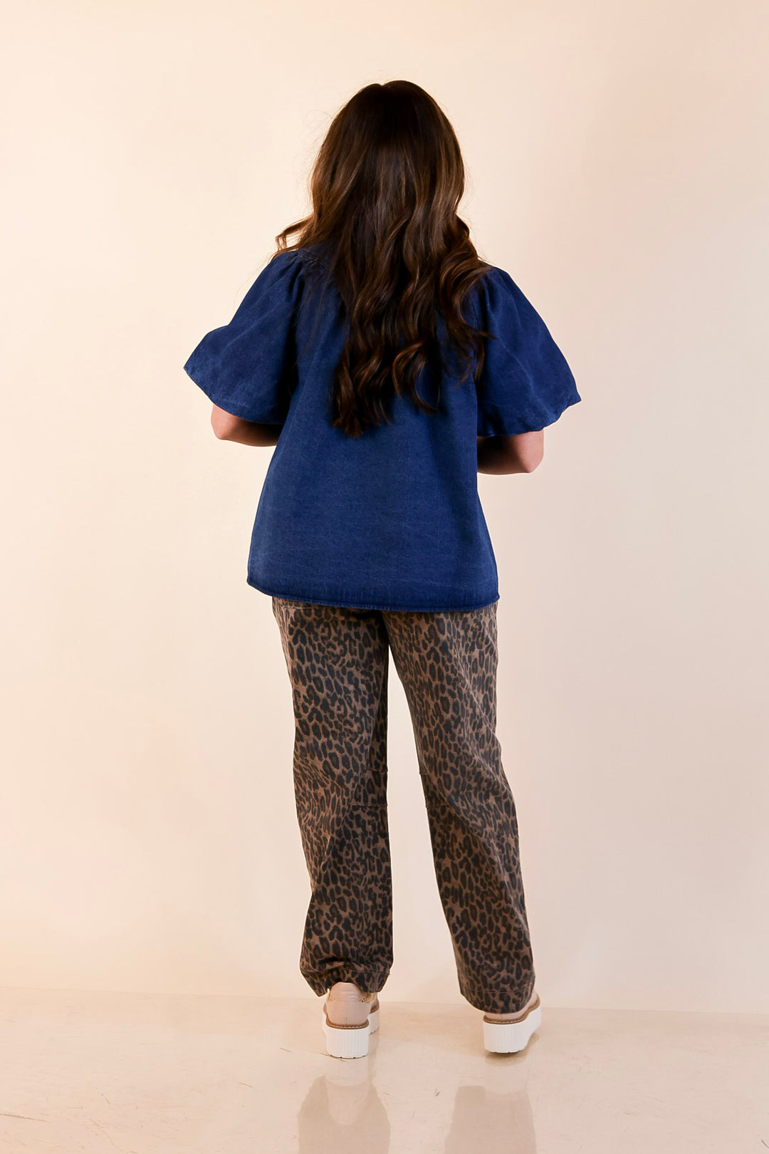 Tie the Moment Denim Pearl Snap Button Front Top with Statement Tie Neckline and Puff Sleeves in Medium Wash