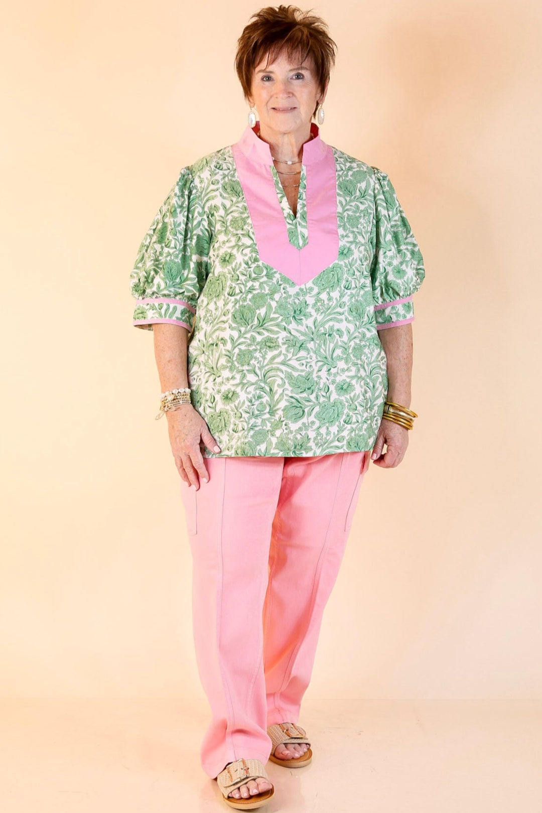 Blush and Bloom Floral Print Top with Short Puff Sleeves in Green