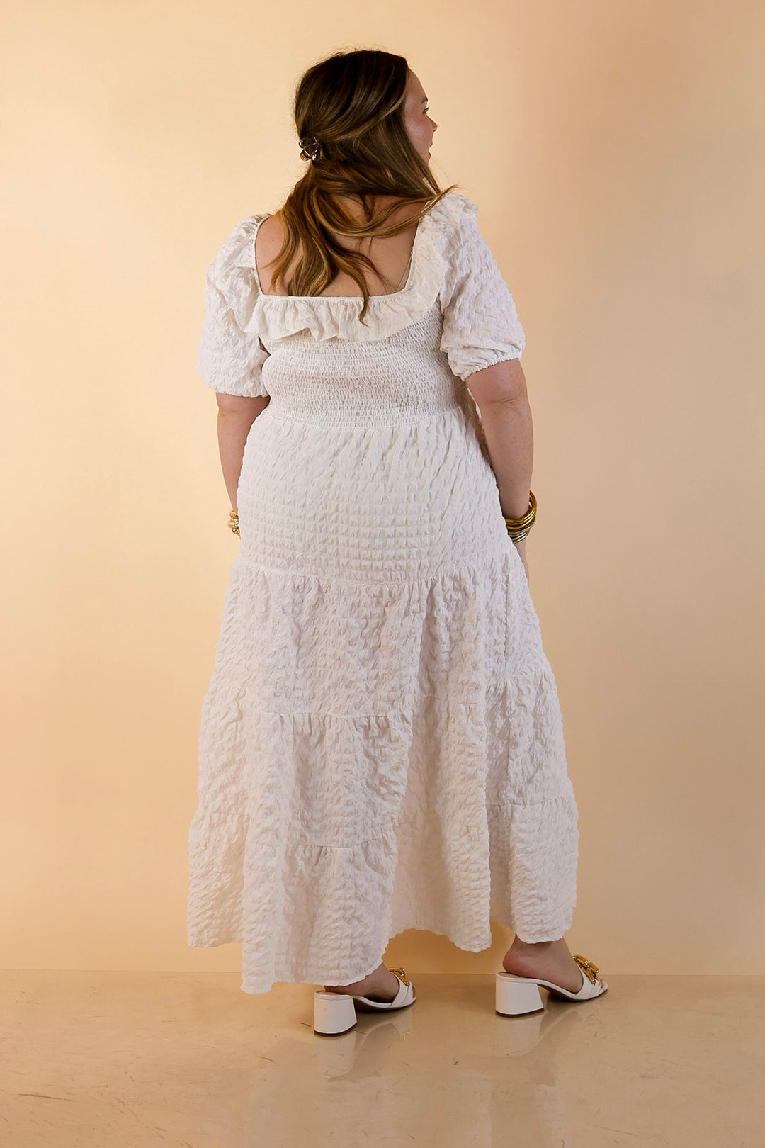 Simply Southern | Radiant Moment Textured Smocked Bodice Tiered Maxi Dress with Puff Sleeves in White