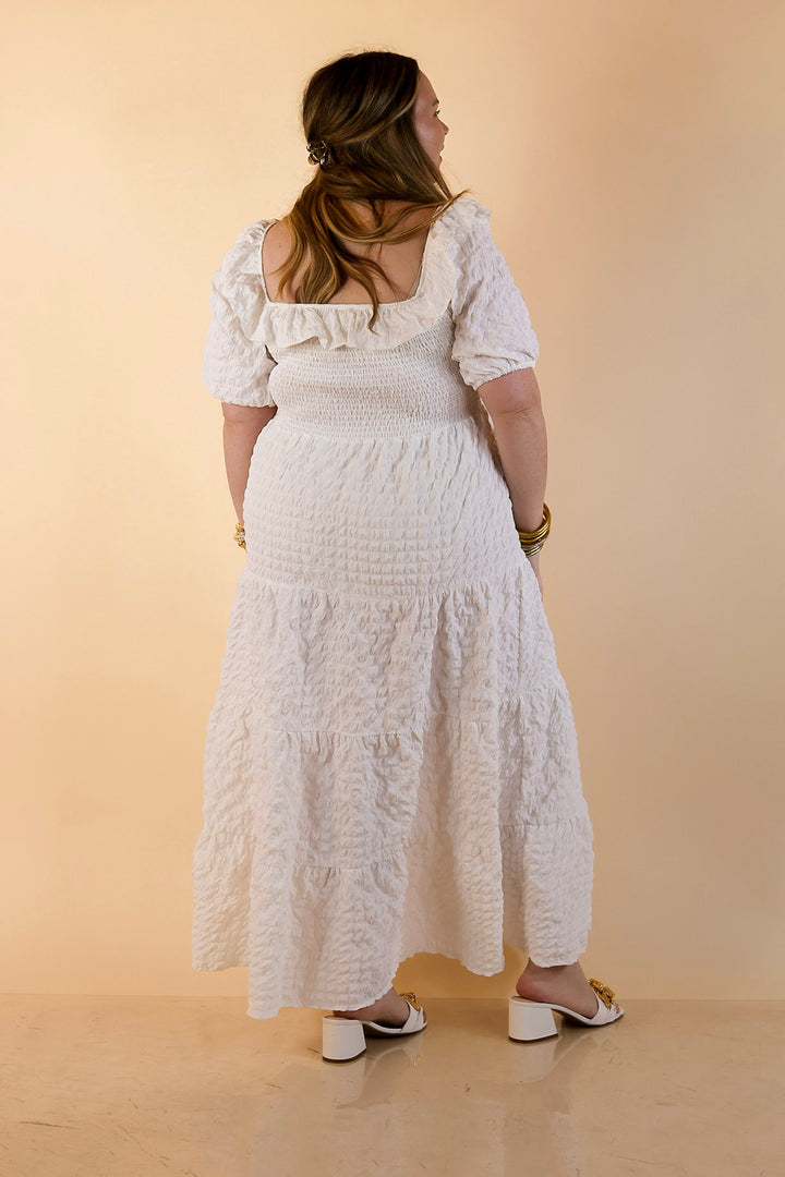 Simply Southern | Radiant Moment Textured Smocked Bodice Tiered Maxi Dress with Puff Sleeves in White