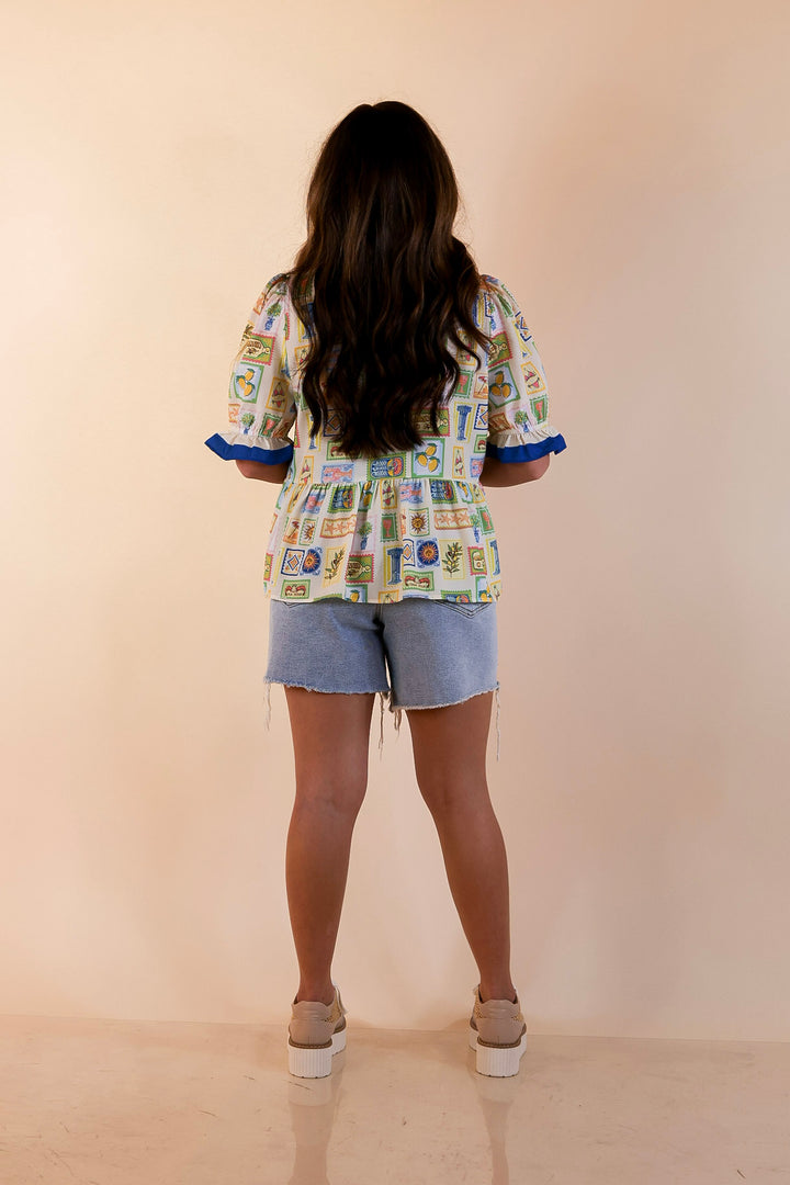Simply Southern | Sunny Side Style Mediterranean Tile Print Peplum Top with Ruffle Trim in Cream Multi