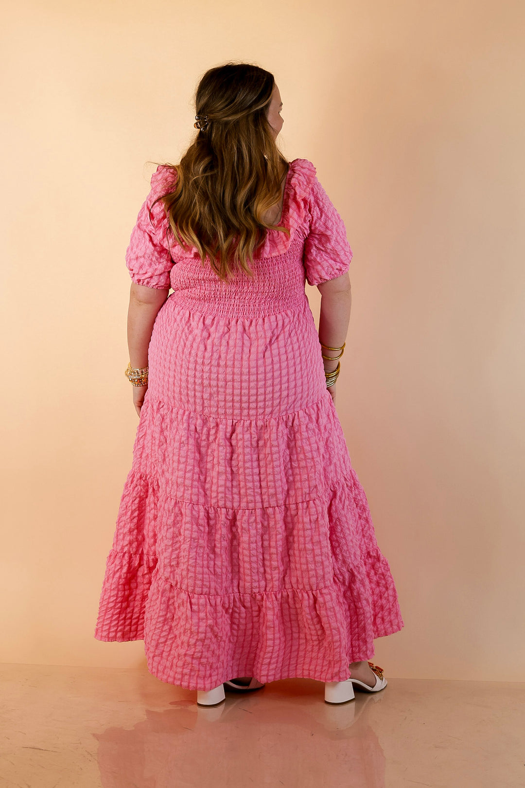 Simply Southern | Radiant Moment Textured Smocked Bodice Tiered Maxi Dress with Puff Sleeves in Pink