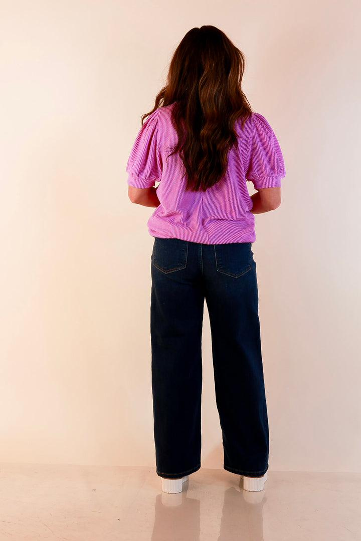 Sweet Sophistication Puff Short Sleeve Ribbed Top with Scoop Neck in Violet Purple
