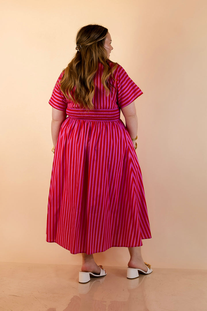 Modern Charm Zip Front Midi Striped Print Dress with Smocked Waist and Short Sleeves in Pink and Red