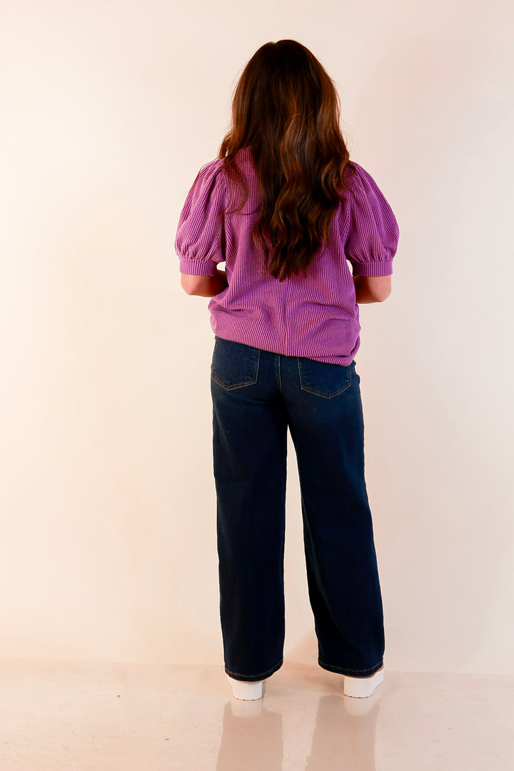 Sweet Sophistication Puff Short Sleeve Ribbed Top with Scoop Neck in Purple