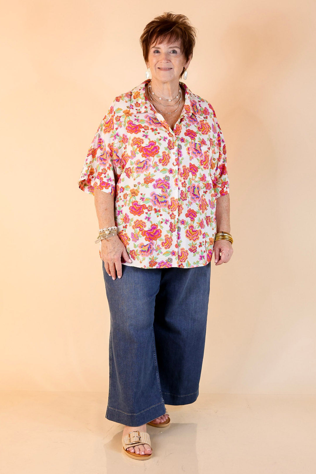 Enchanted Blooms Floral Print Top with Collar in Off White