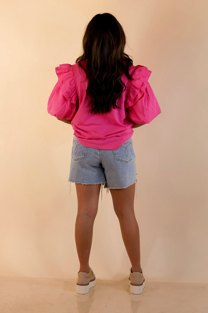 Mud Pie | Standout Style Ruffle Puff Sleeve Knit Top in Hot Pink