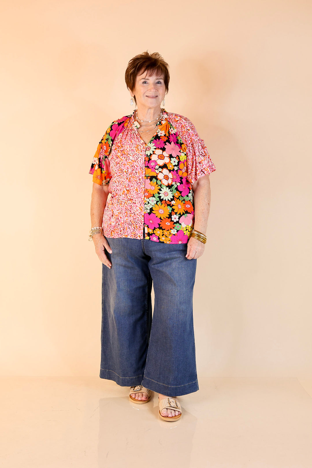 Double Time Abstract Print and Floral Print Top in Black and White