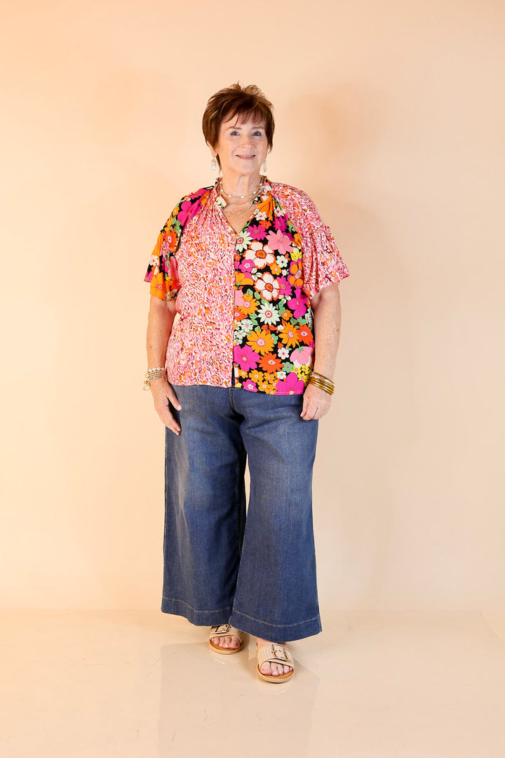 Double Time Abstract Print and Floral Print Top in Black and White