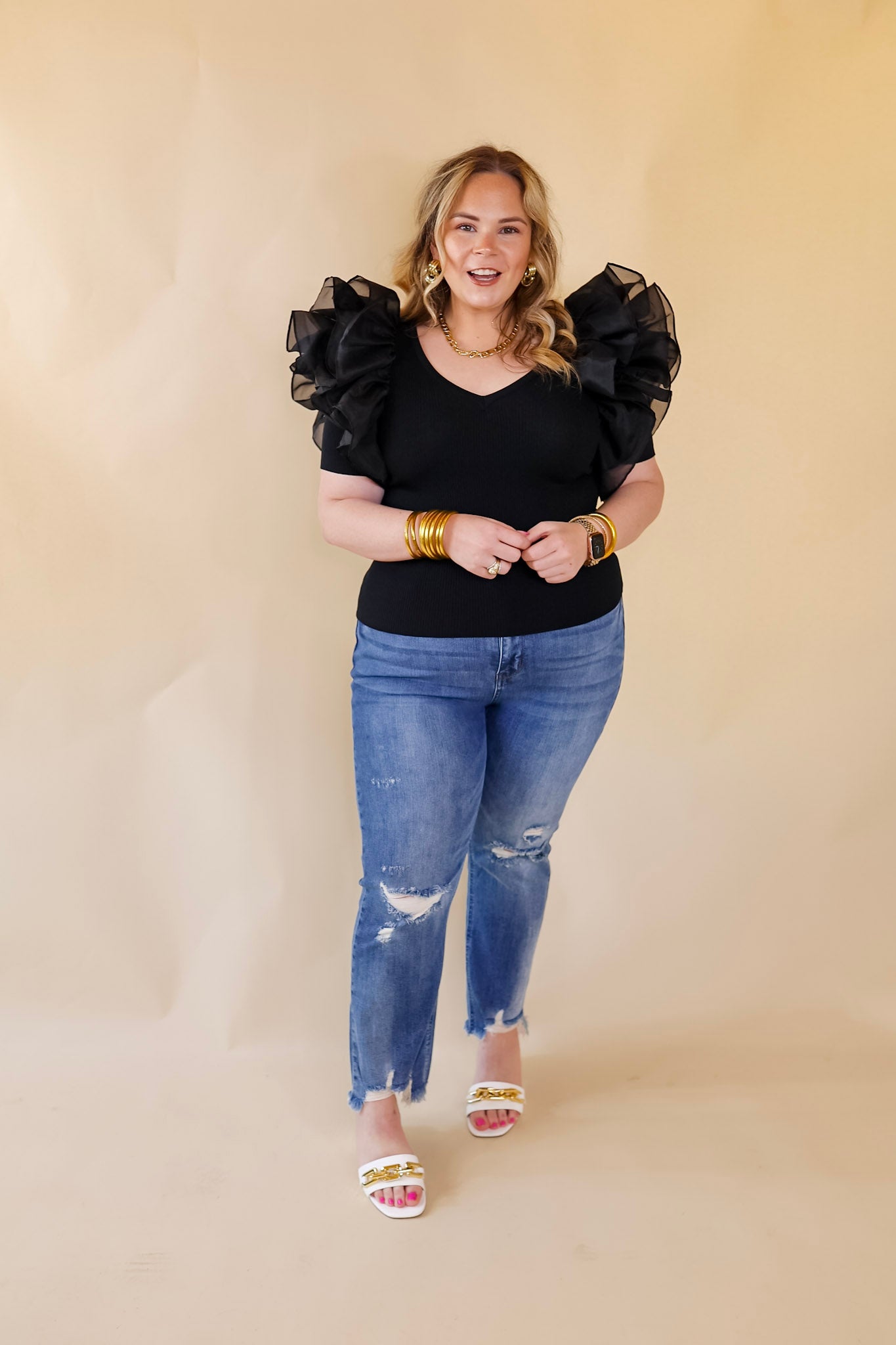 The Party Goes On Ribbed Fitted Top with Ruffle Sleeves in Black - Giddy Up Glamour Boutique