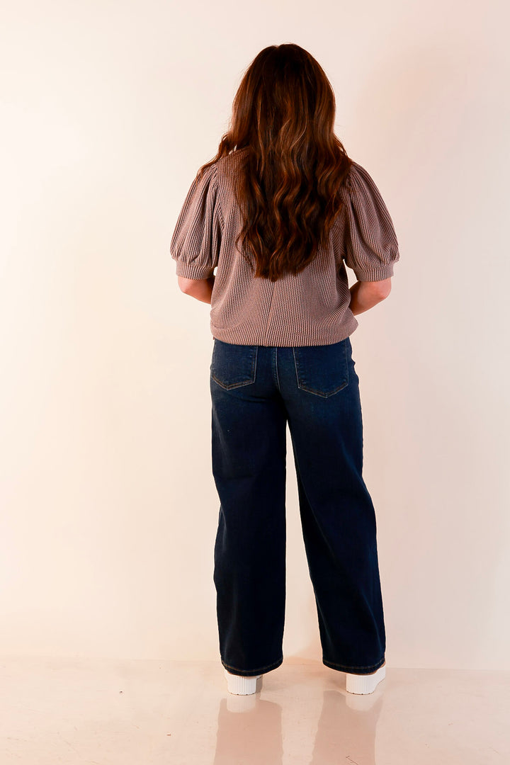 Sweet Sophistication Puff Short Sleeve Ribbed Top with Scoop Neck in Mocha Brown