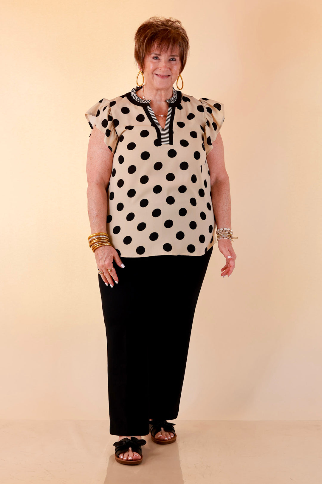 In Good Company Large Polka Dot Blouse with Ruffle Sleeves and Contrast Trim and Collar in Cream with Black Dots