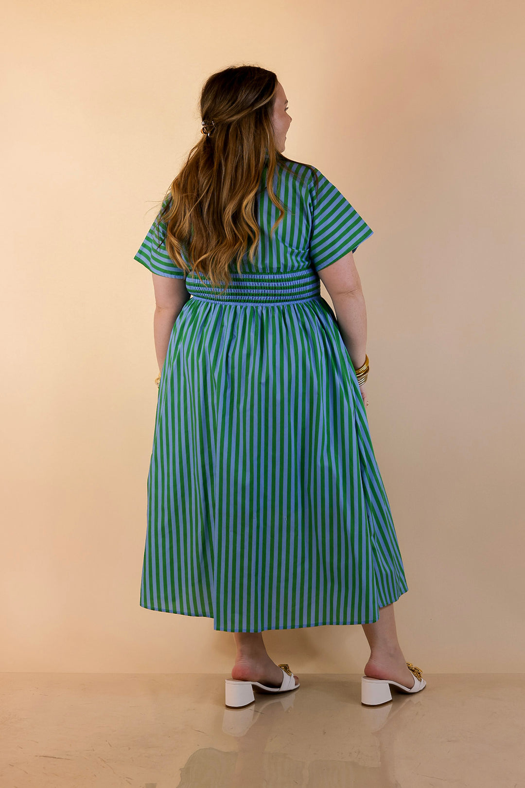 Modern Charm Zip Front Midi Striped Print Dress with Smocked Waist and Short Sleeves in Green and Blue