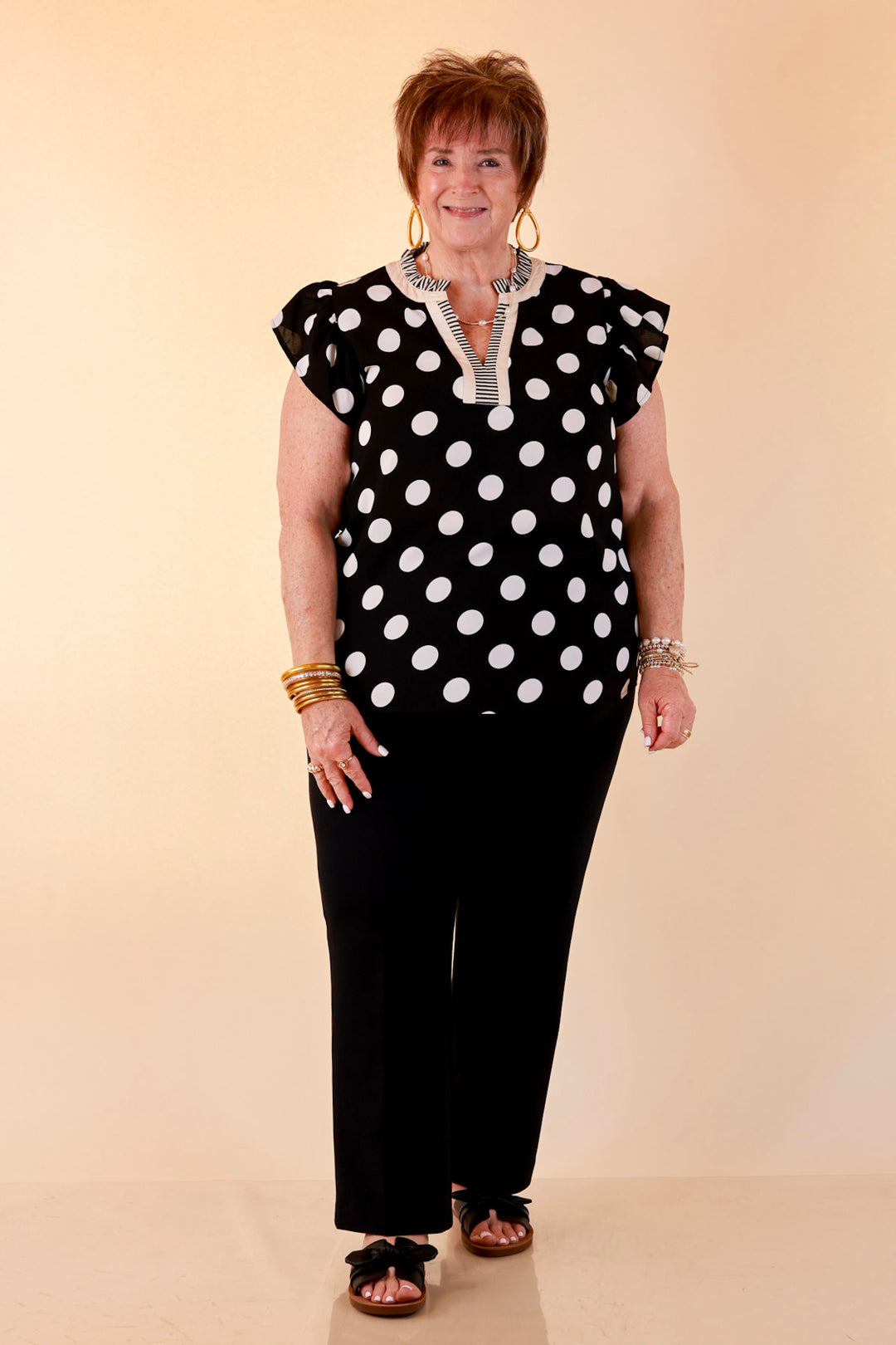 In Good Company Large Polka Dot Blouse with Ruffle Sleeves and Contrast Trim and Collar in Black with Cream Dots