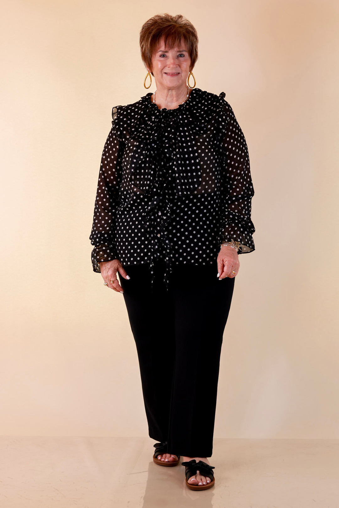 Finer Things Long Sleeve Sheer Ruffle Polka Dot Print Blouse with Balloon Sleeves in Black with White Dots