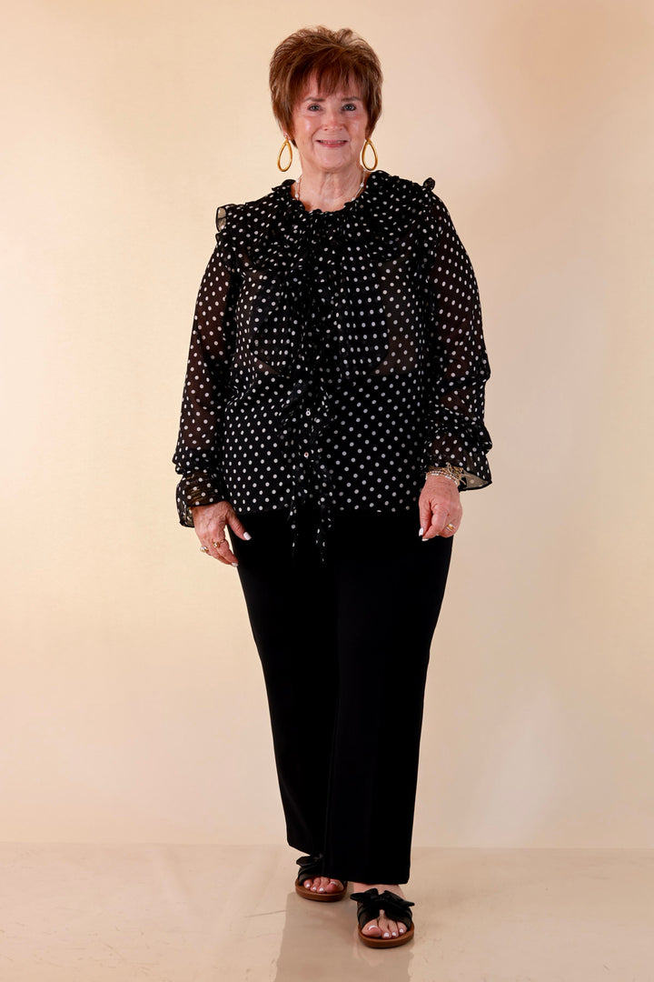 Finer Things Long Sleeve Sheer Ruffle Polka Dot Print Blouse with Balloon Sleeves in Black with White Dots