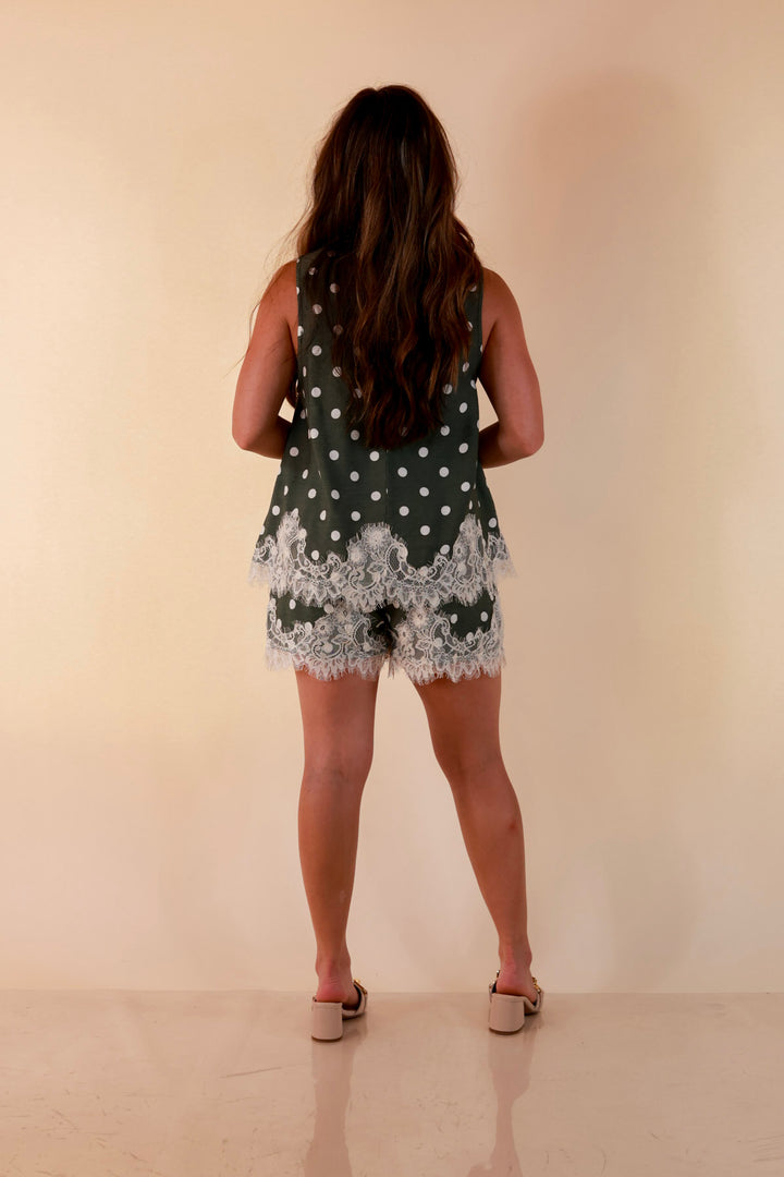 Pretty Little Something Polka Dot Drawstring Shorts with Lace Trim in Olive Green