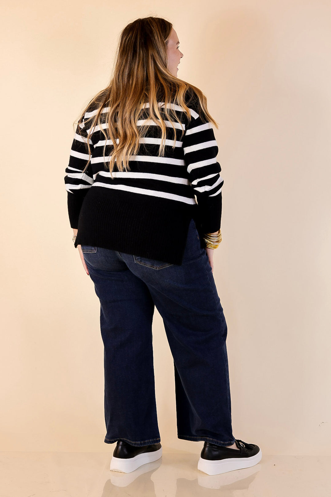 Chilly Day Charm Mock Neck Long Sleeve High-Low Striped Sweater in Black with Ivory Stripes