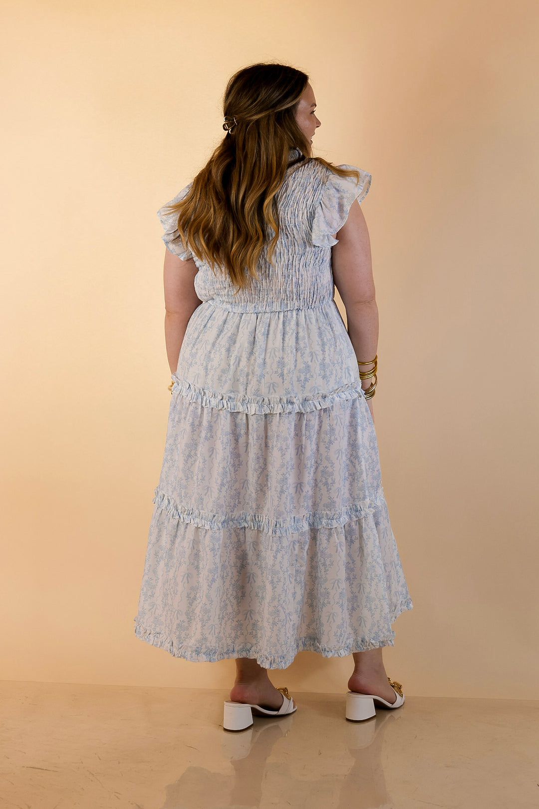 Mud Pie | Graceful Charm Smocked Toile Print Tiered Midi Dress with Ruffle Sleeves in Blue and White