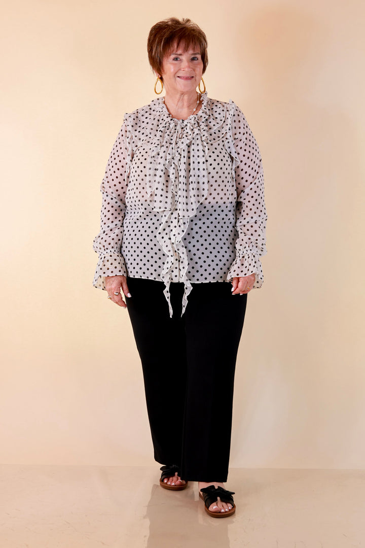 Finer Things Long Sleeve Sheer Ruffle Polka Dot Print Blouse with Balloon Sleeves in White with Black Dots
