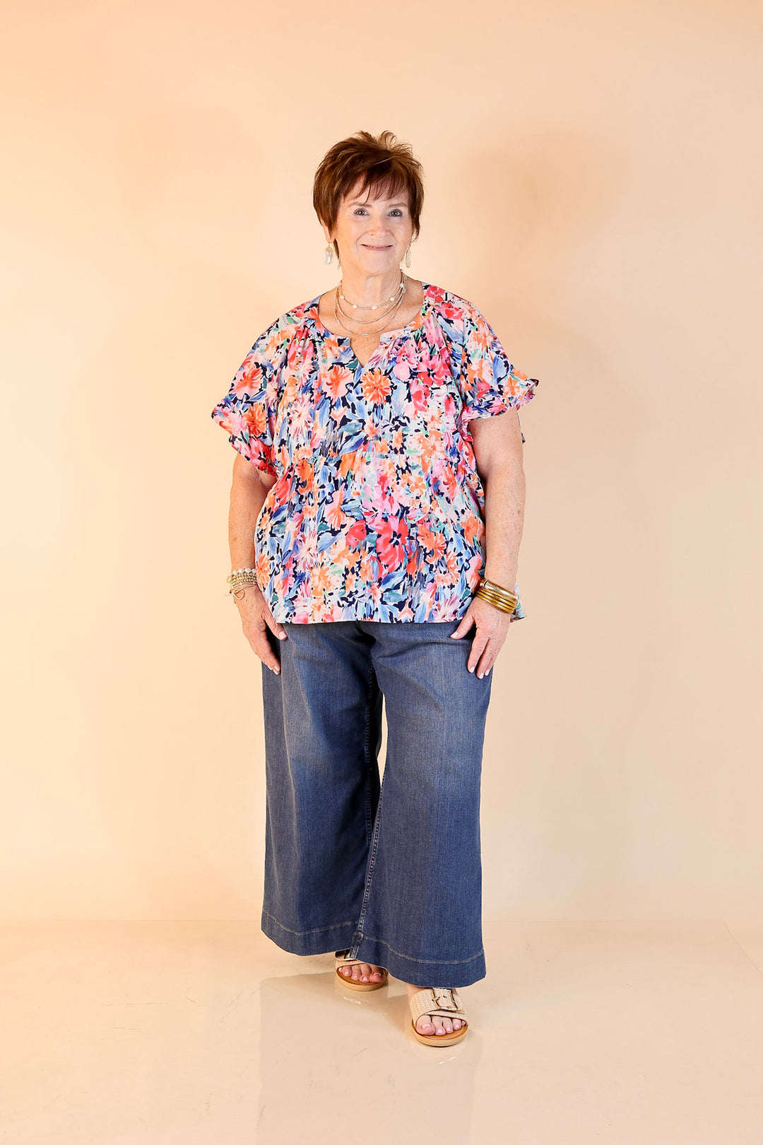 Spring Fever Floral Babydoll Top with Ruffle Short Sleeves in Pink and Blue Mix