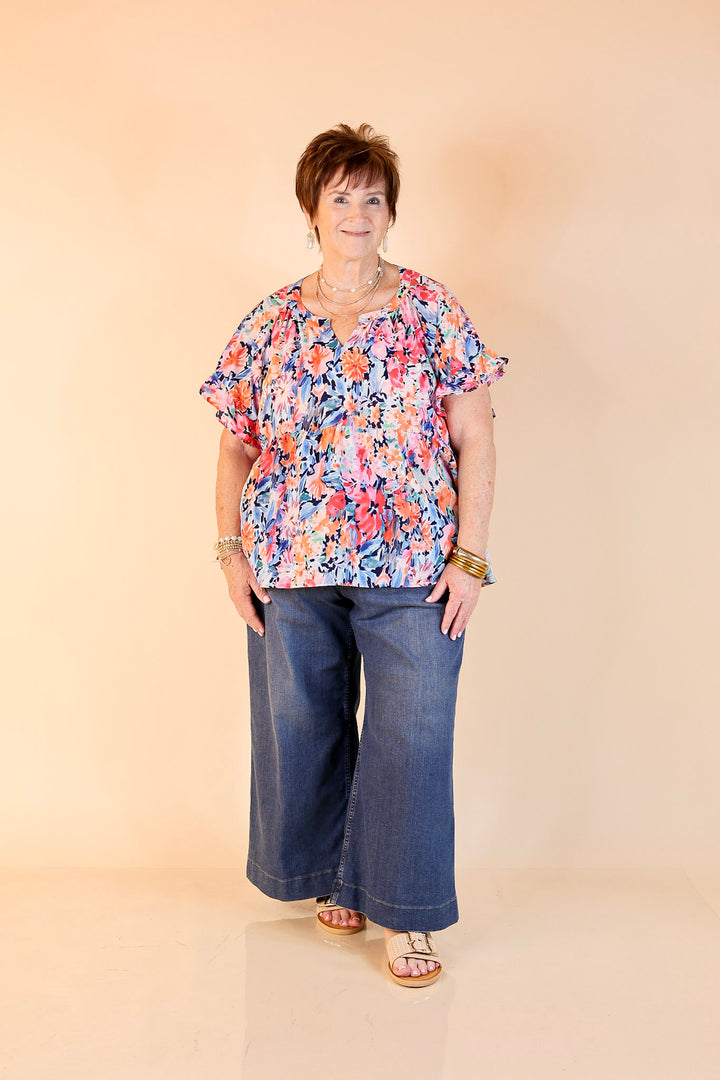 Spring Fever Floral Babydoll Top with Ruffle Short Sleeves in Pink and Blue Mix