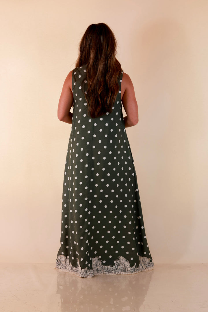 Sweet Little Something Polka Dot Sleeveless Maxi Dress with Lace Trim in Olive Green