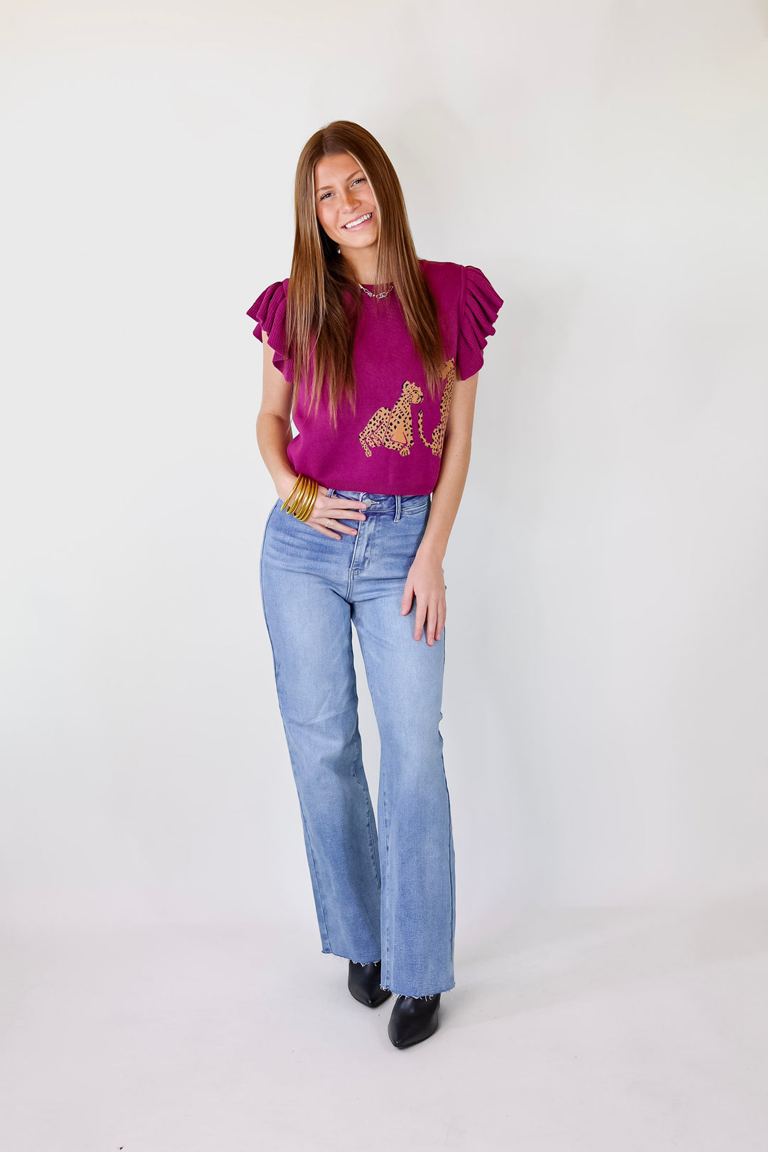 Talk This Way Cheetah Print Sweater with Ruffle Cap Sleeves in Plum Purple - Giddy Up Glamour Boutique