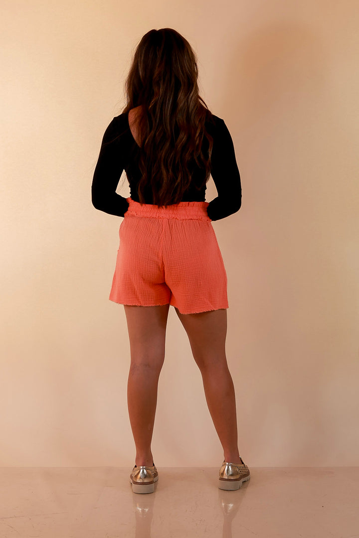 Relax and Repeat Drawstring Linen Shorts with Fray Hem in Coral Orange