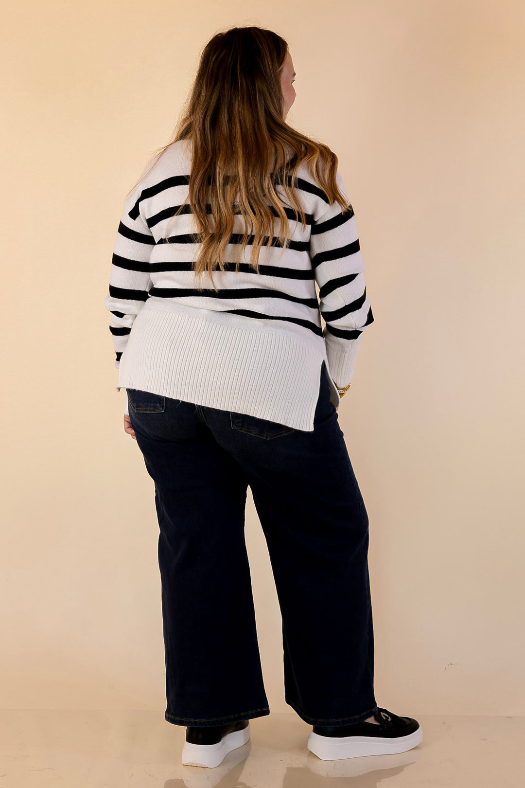 Chilly Day Charm Mock Neck Long Sleeve High-Low Striped Sweater in Ivory with Black Stripes