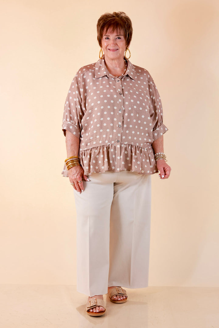 Style Agenda Button Down Peplum Top with Polka Dot Print in Taupe and White