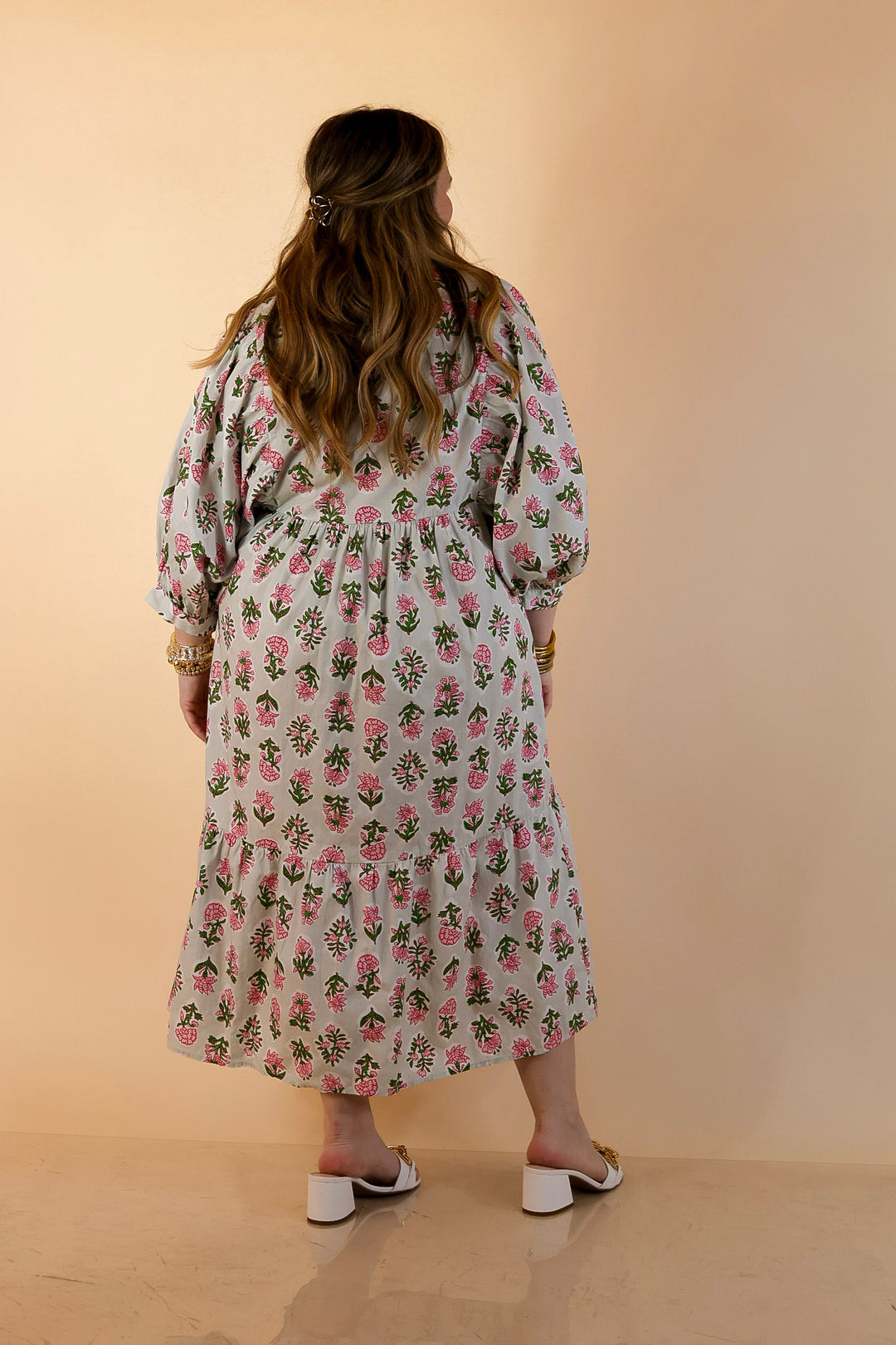 Mud Pie | Lovely Impression Cotton Poplin Floral Midi Dress with Ruffle Collar and Puff Sleeves in Sage Multi