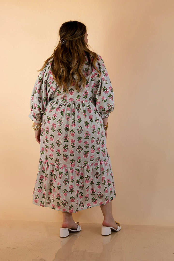 Mud Pie | Lovely Impression Cotton Poplin Floral Midi Dress with Ruffle Collar and Puff Sleeves in Sage Multi