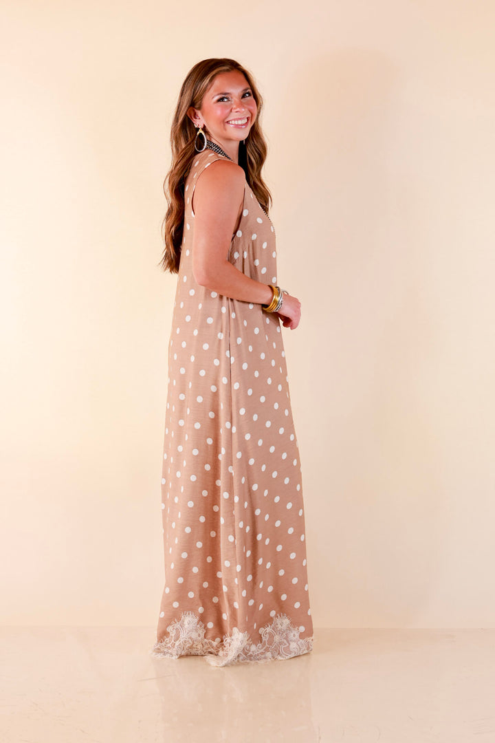 Sweet Little Something Polka Dot Sleeveless Maxi Dress with Lace Trim in Tan