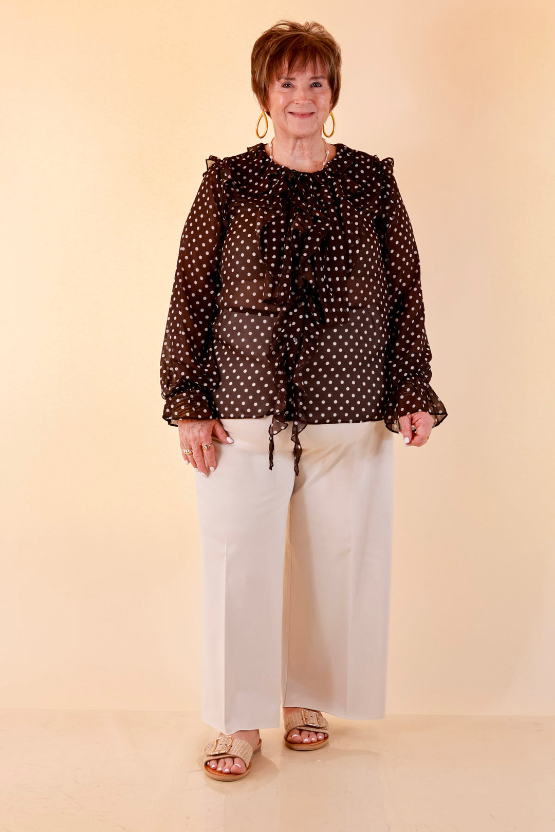Finer Things Long Sleeve Sheer Ruffle Polka Dot Print Blouse with Balloon Sleeves in Chocolate Brown with White Dots
