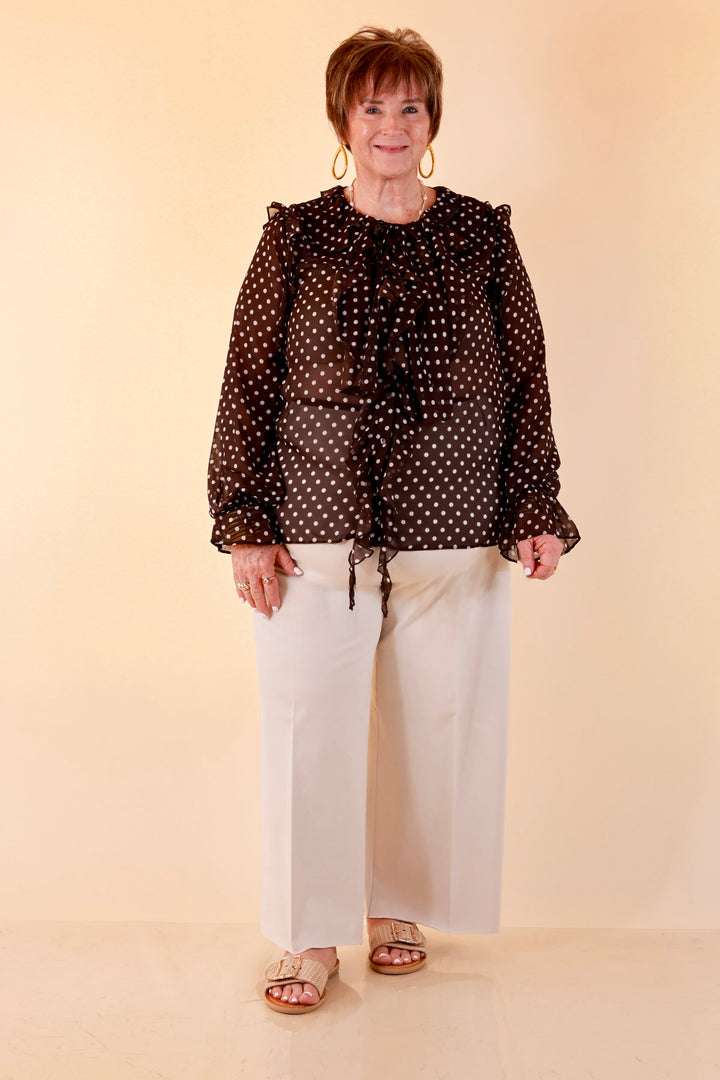 Finer Things Long Sleeve Sheer Ruffle Polka Dot Print Blouse with Balloon Sleeves in Chocolate Brown with White Dots