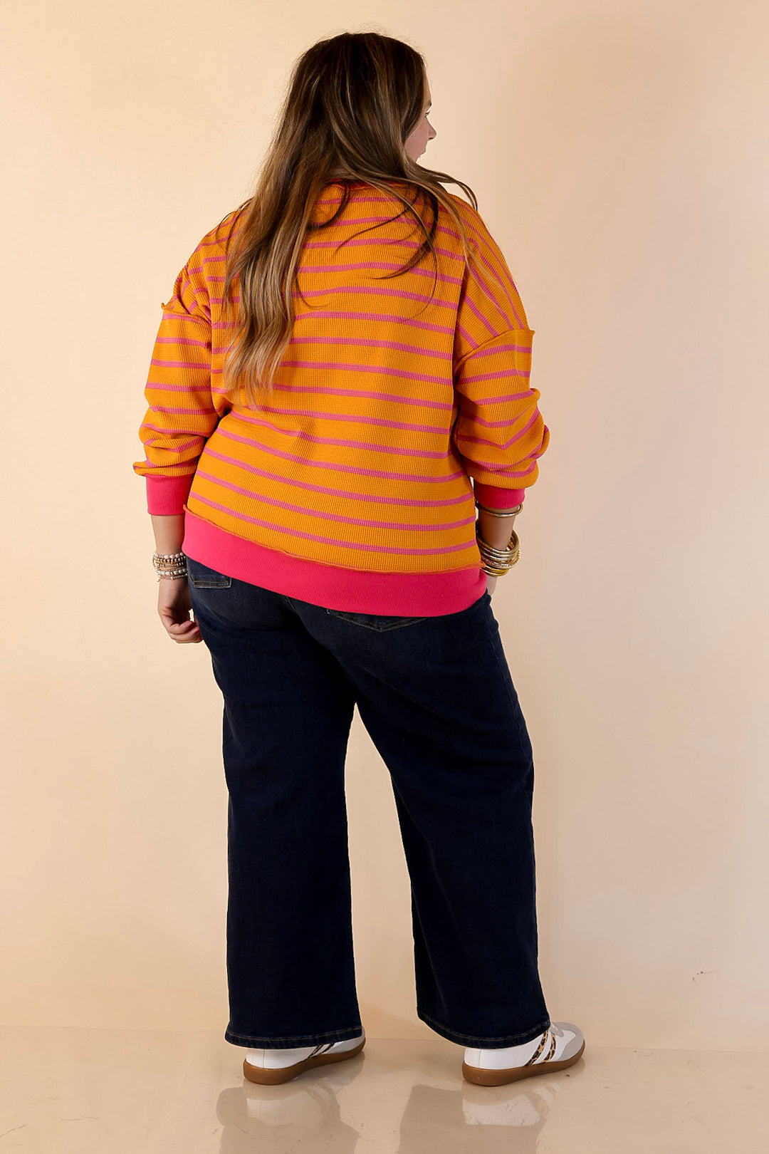 Casual Edge Long Sleeve Striped Henley Knit Top with Dropped Shoulders in Orange with Pink Stripes